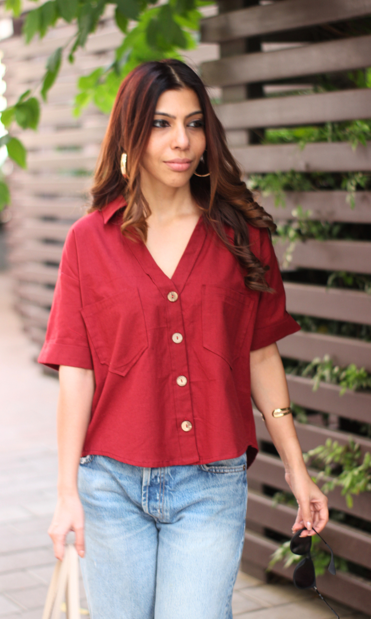 Maroon Cotton Cropped Shirt