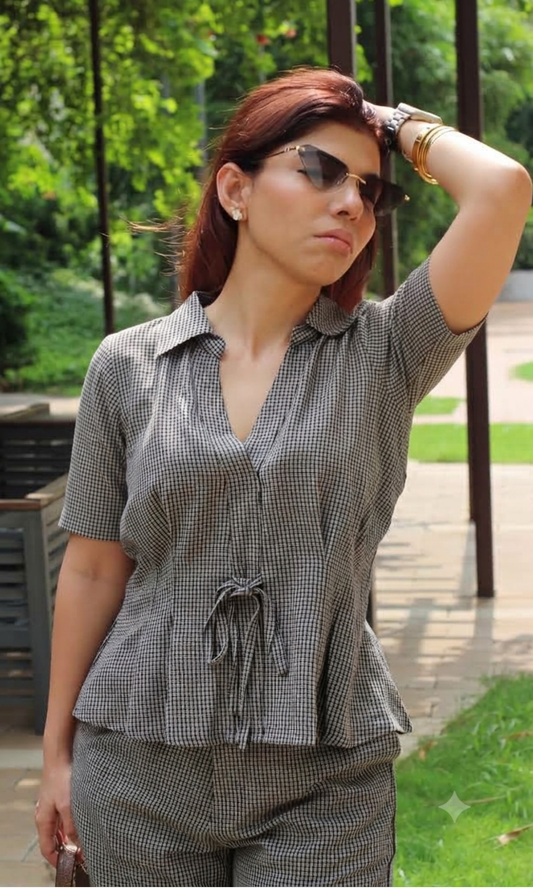 Black & Ivory Houndstooth Top and Flared Pants Co-ord