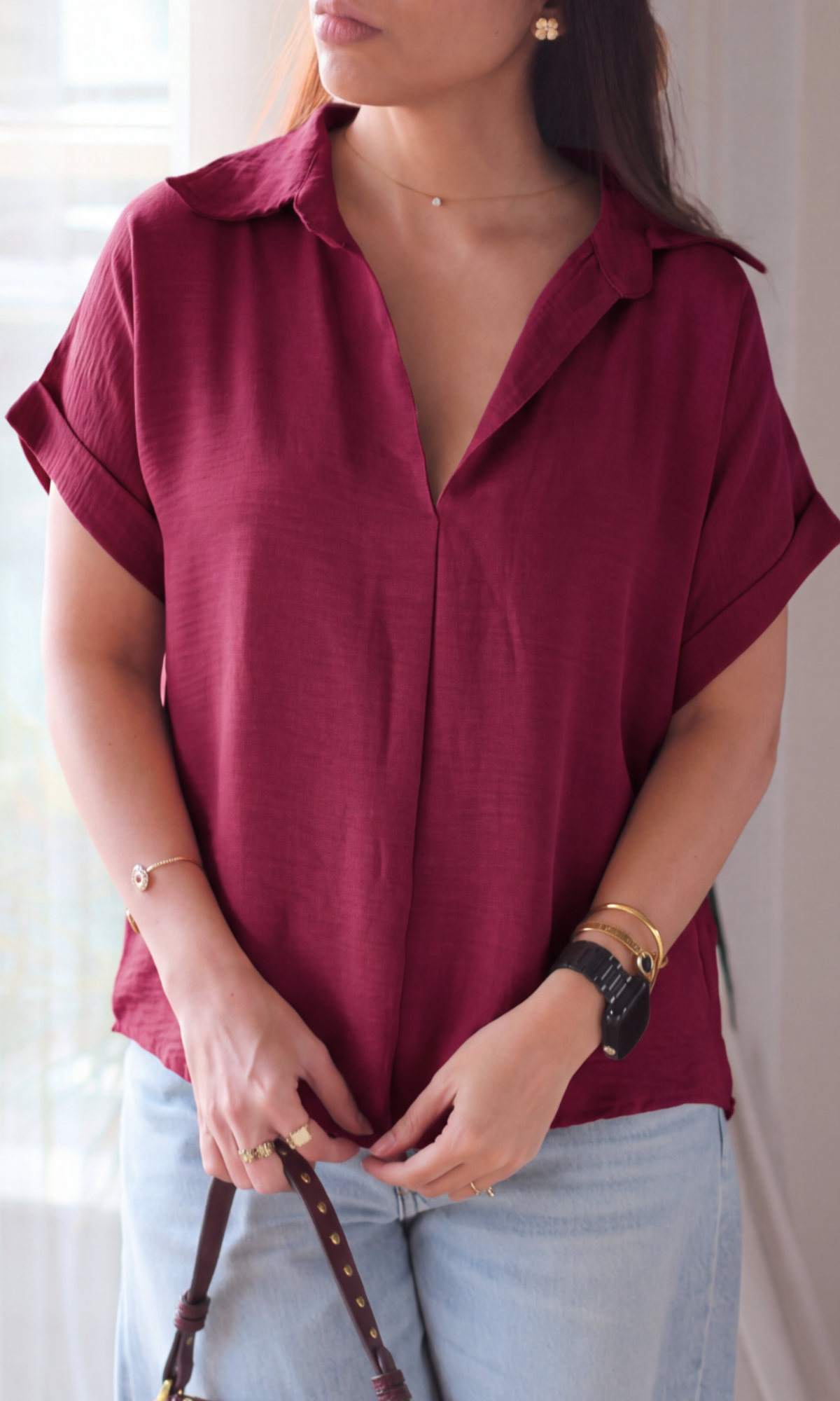 Cranberry Gathered V-Neck Top