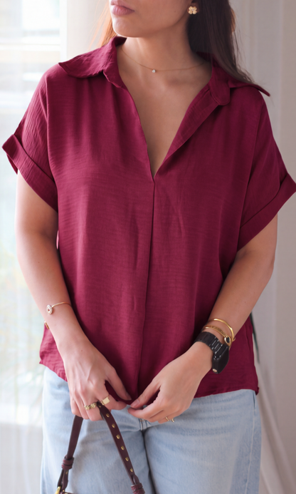 Cranberry Gathered V-Neck Top