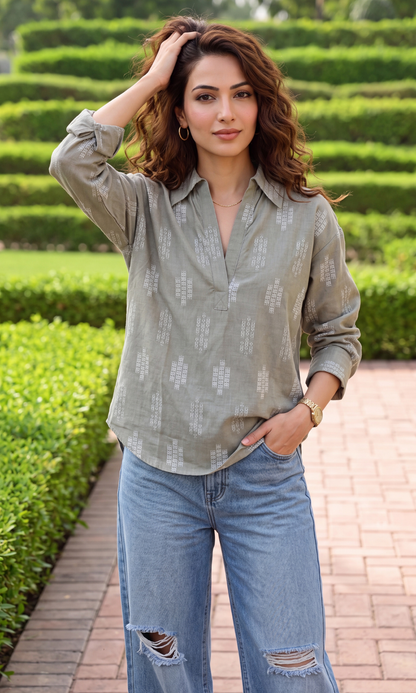 Sage Ikat Woven Popover Top