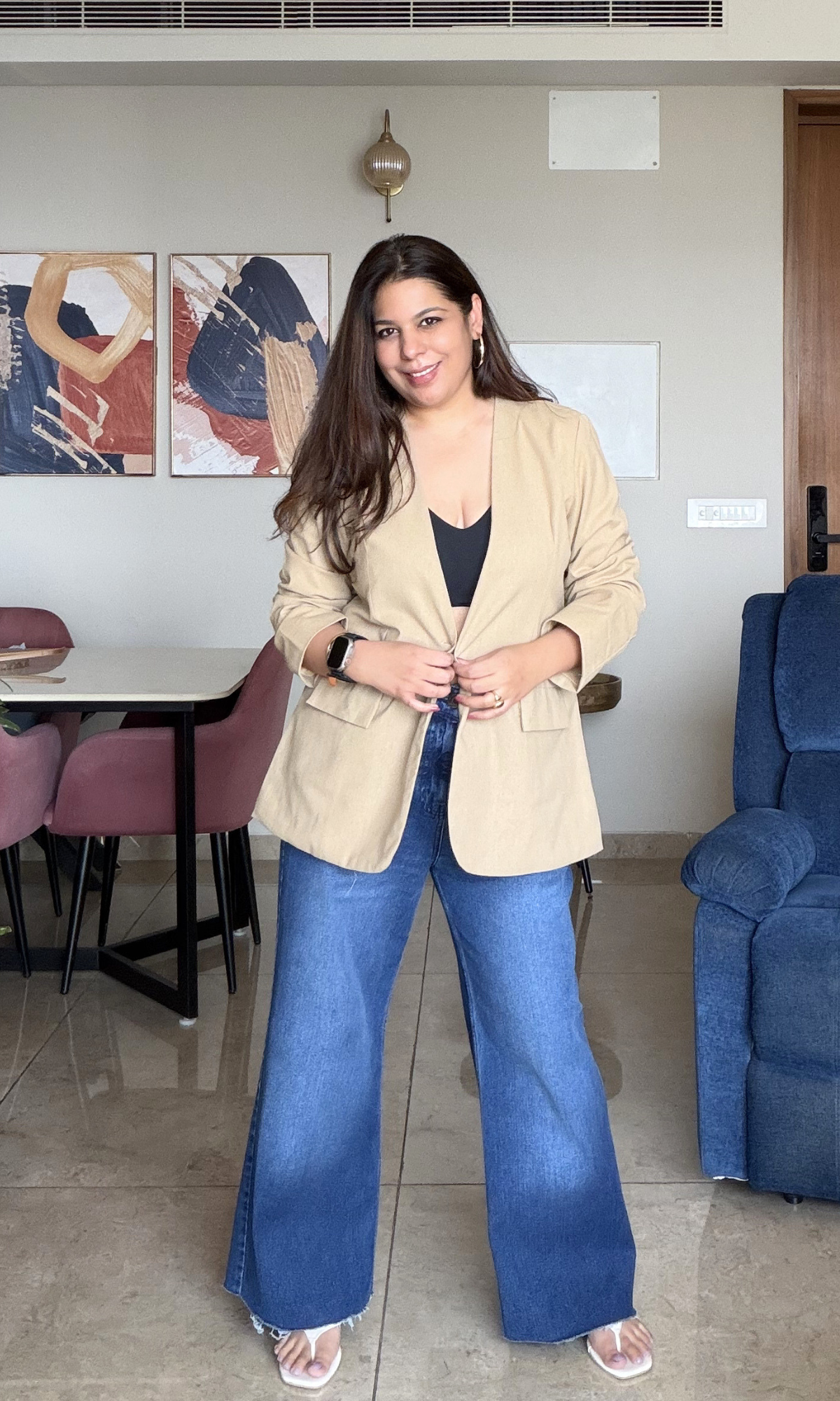 Beige Structured Linen Blend Blazer
