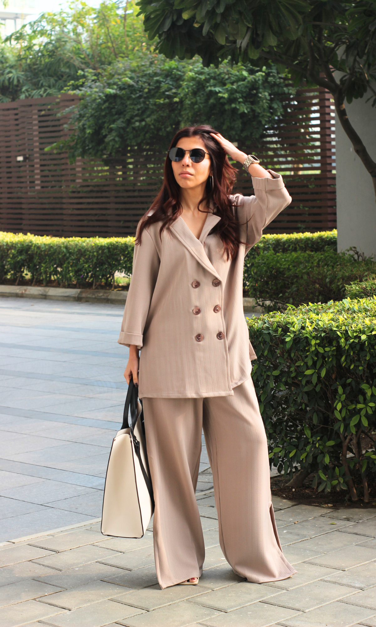 Light Rose Beige Striped Blazer Top with Slit Pants Co-ord