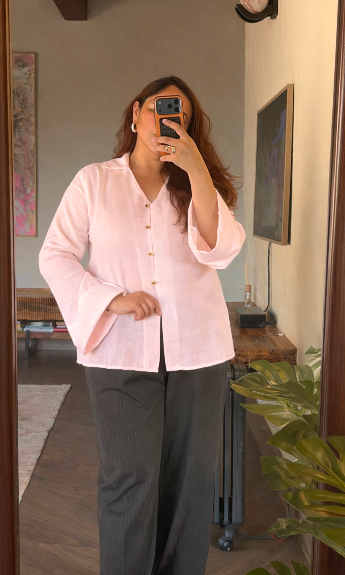 Semi-Sheer Blush Flared Sleeve Shirt