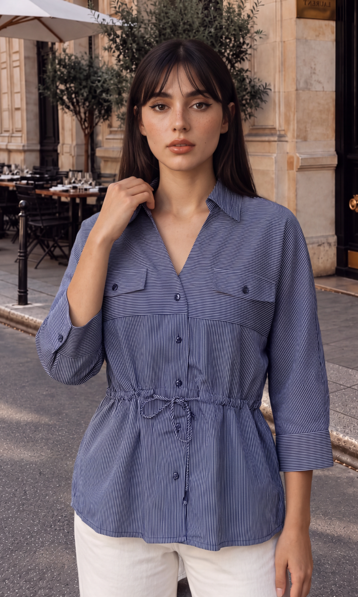 Cinched-Waist Charcoal Stripe Shirt