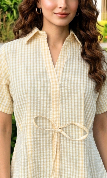 Beige Check Tie Detail Top