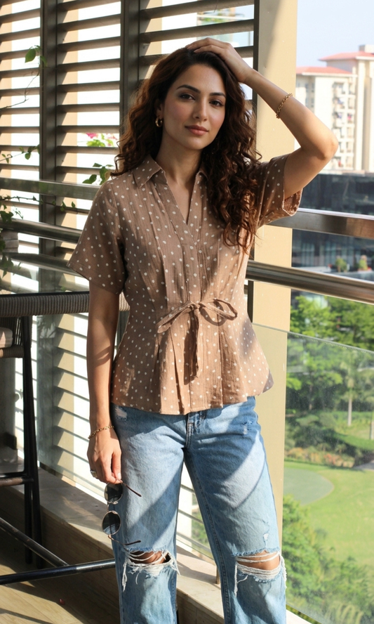 Beige Polka Tie Detail Top