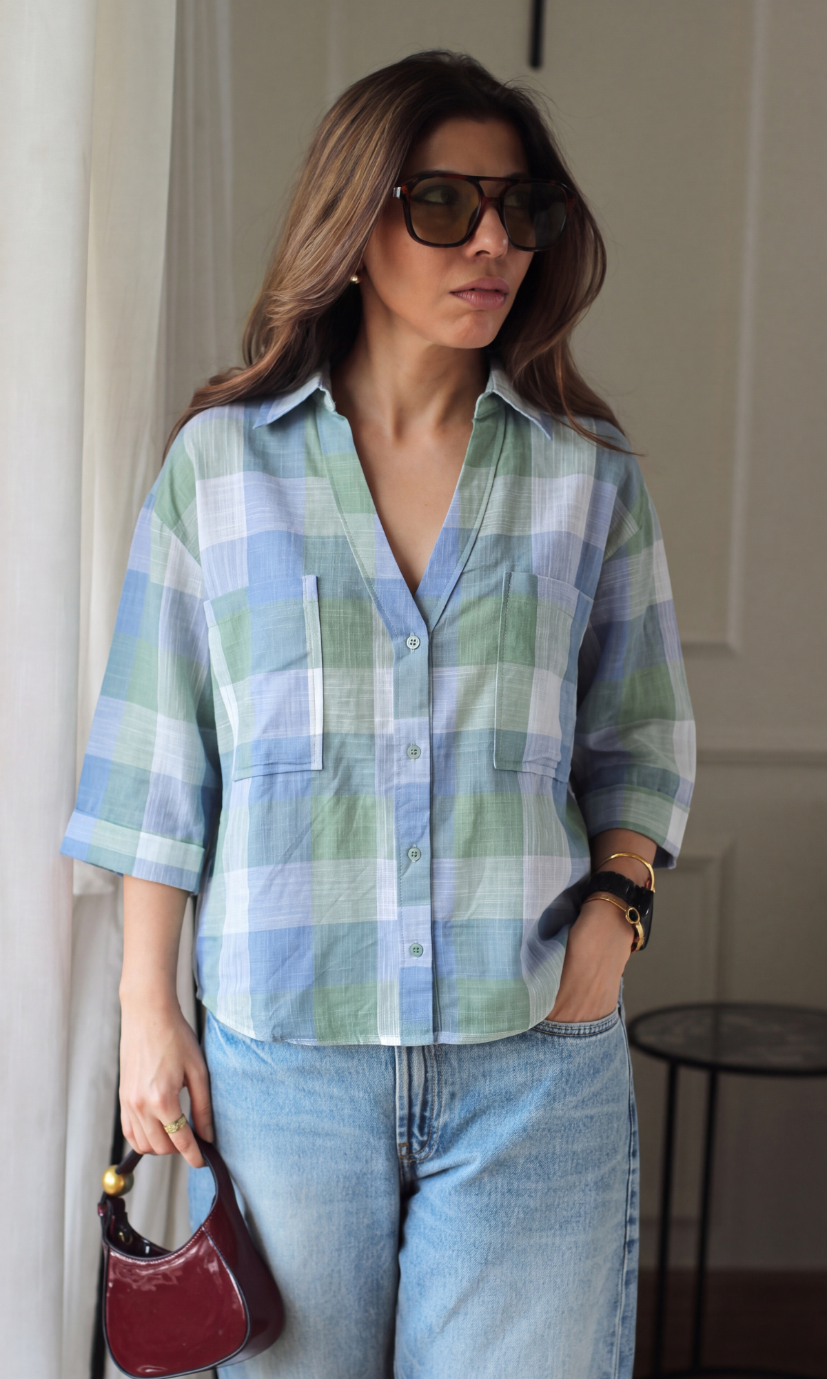 Green Blockcheck Loose Shirt