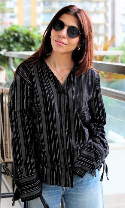 Black Striped String Detail Cotton Shirt