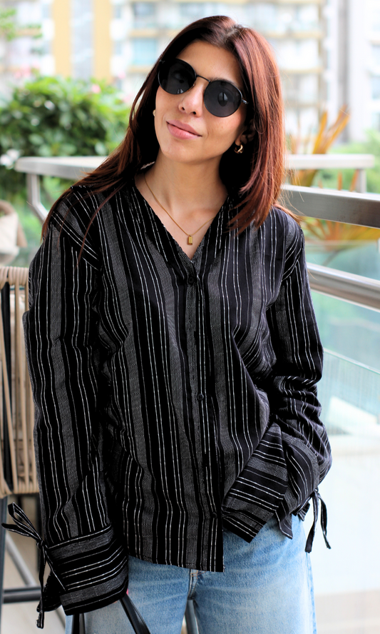 Black Striped String Detail Cotton Shirt