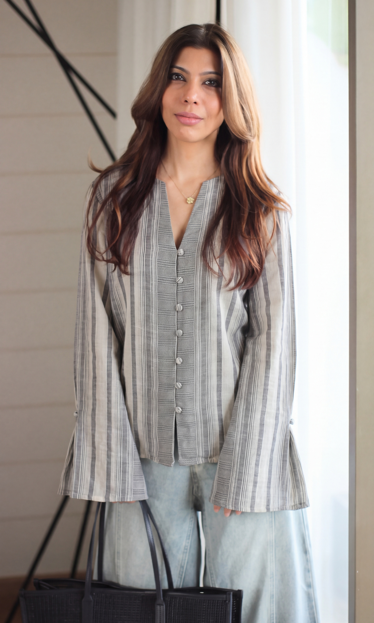 Stone Stripe V-Neck Buttoned Blouse