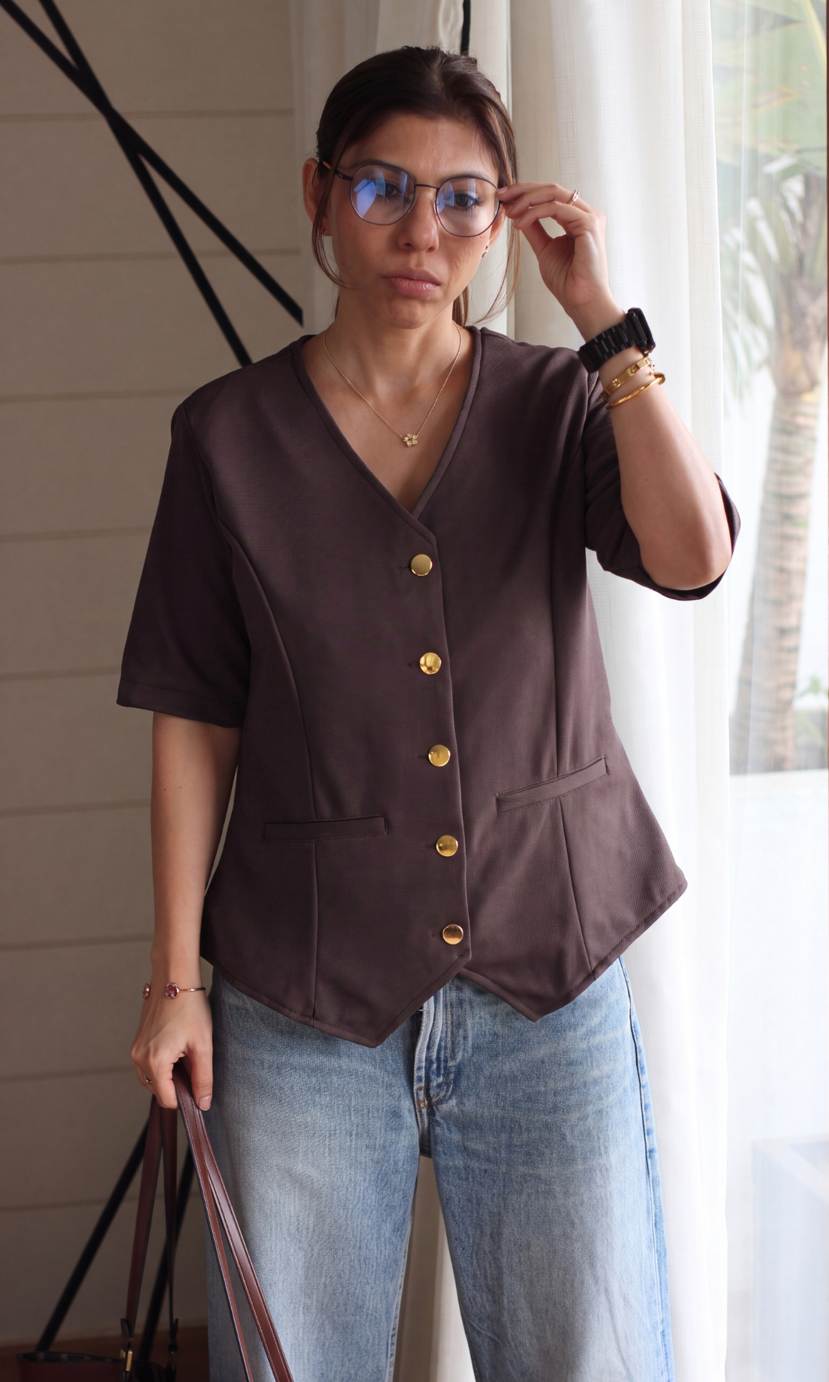 Brown Twill Gold-Button Sleeved Waistcoat