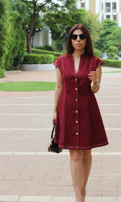 Merlot Thread Detail Metallic Buttoned Dress