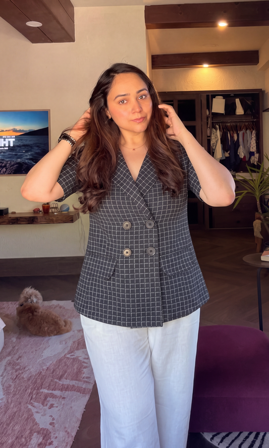 Black Windowpane Half-Sleeve Blazer