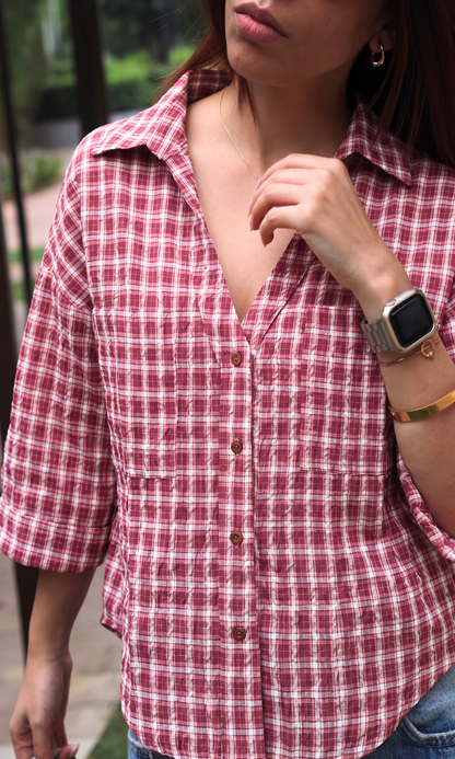 Pale Red Crinkled Checks Shirt