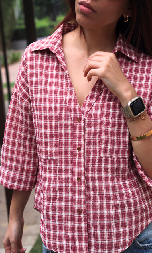Pale Red Crinkled Checks Shirt