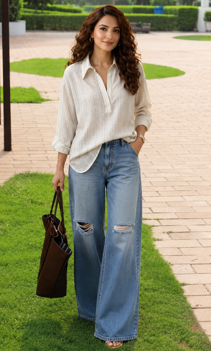 Ivory Pinstripe Relaxed Popover Shirt