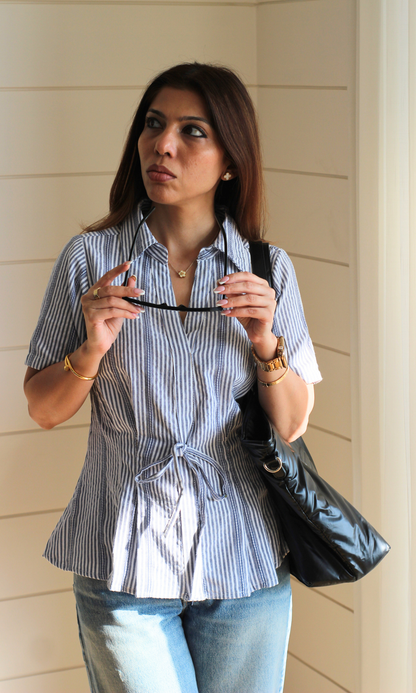 Blue Dobby Tie Detail Top