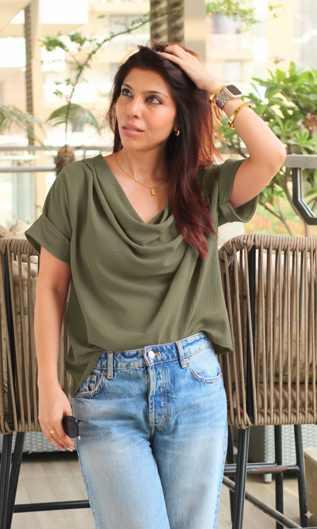 Olivine Flowing Cowl Neck Top