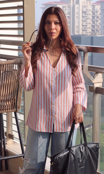 Rust Blue Stripe Bell-Sleeve Shirt