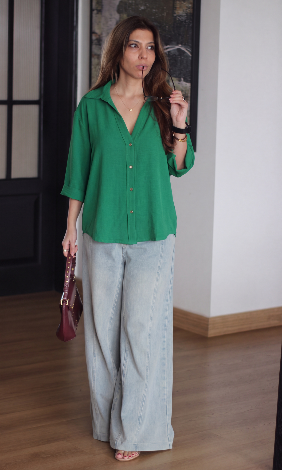 Emerald Green Metallic Button  Boxy Shirt