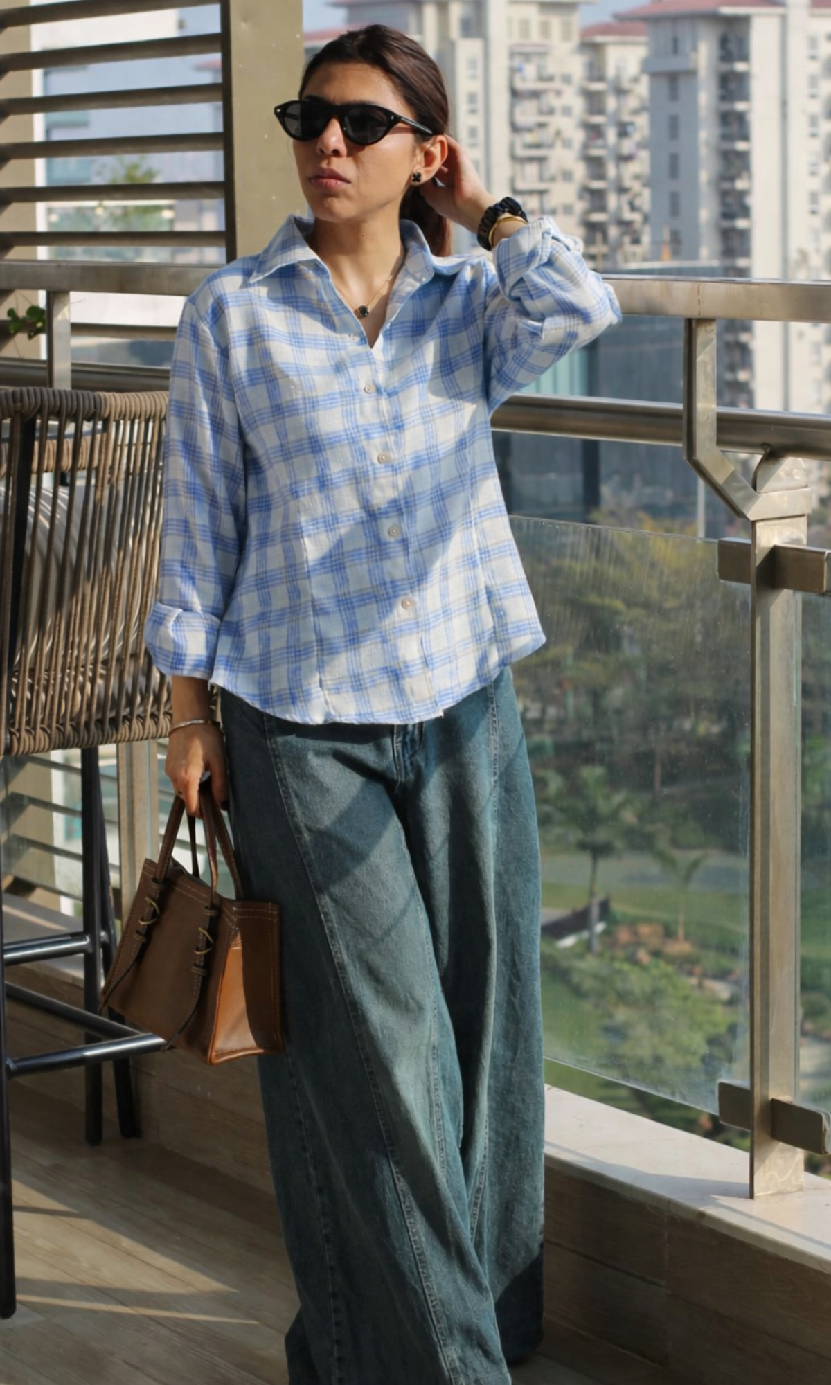 Blue-Beige Checked Peplum Shirt