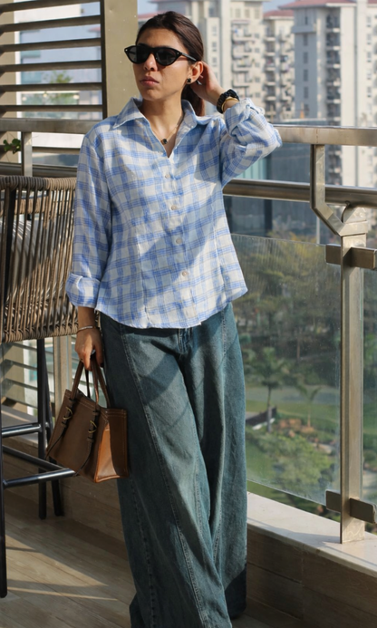 Blue-Beige Checked Peplum Shirt