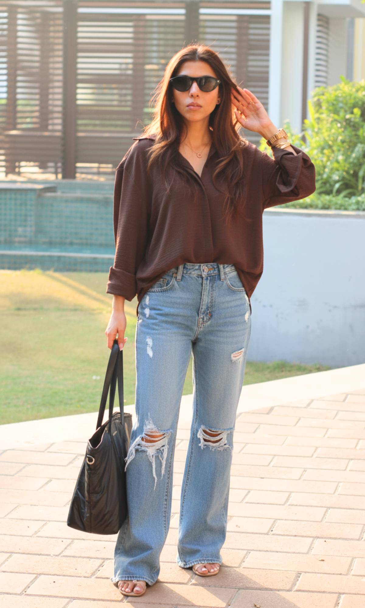 Taupe cotton-blend Breeze shirt with loose drape, long sleeves