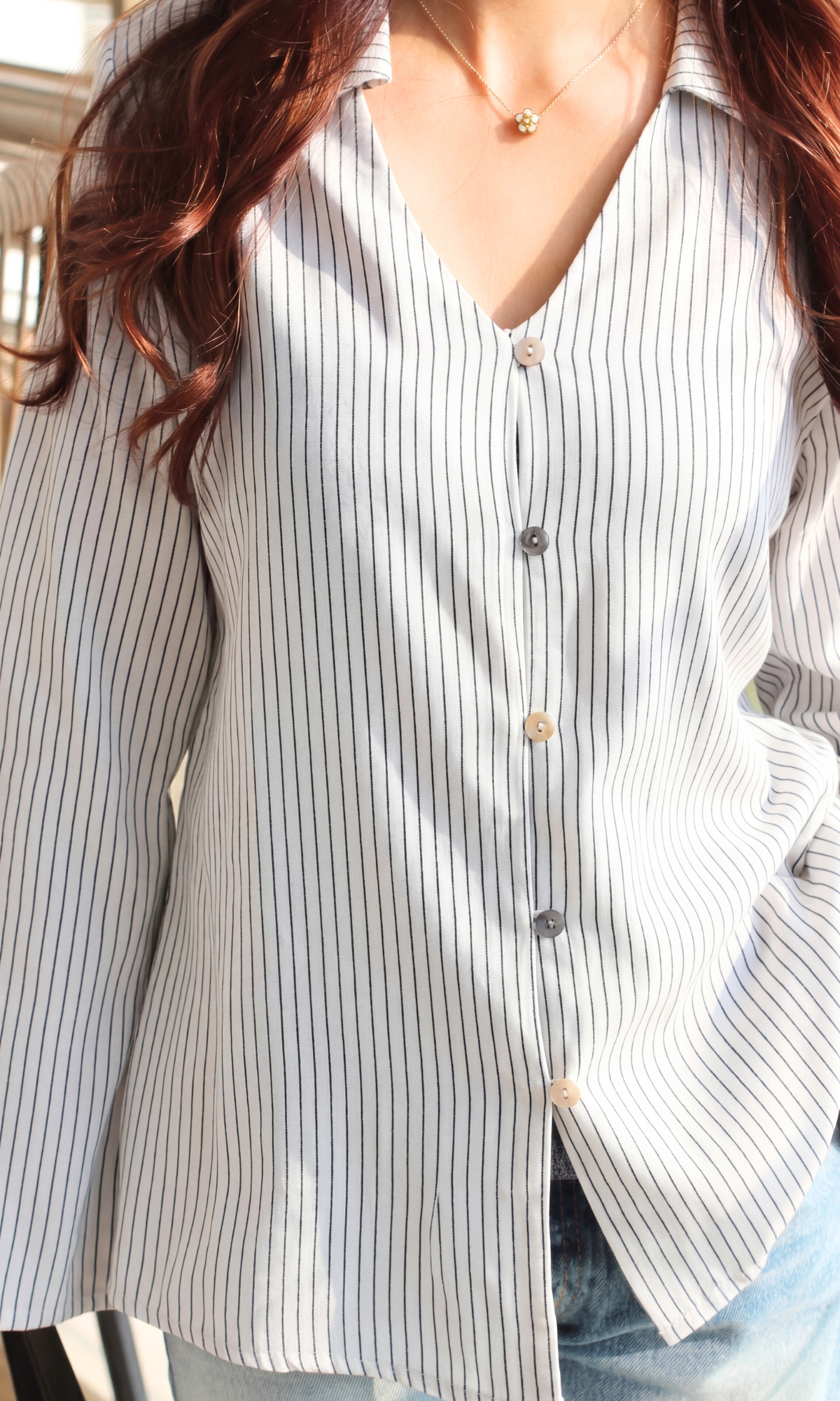 Ivory White Pinstripe Flared Sleeves Shirt