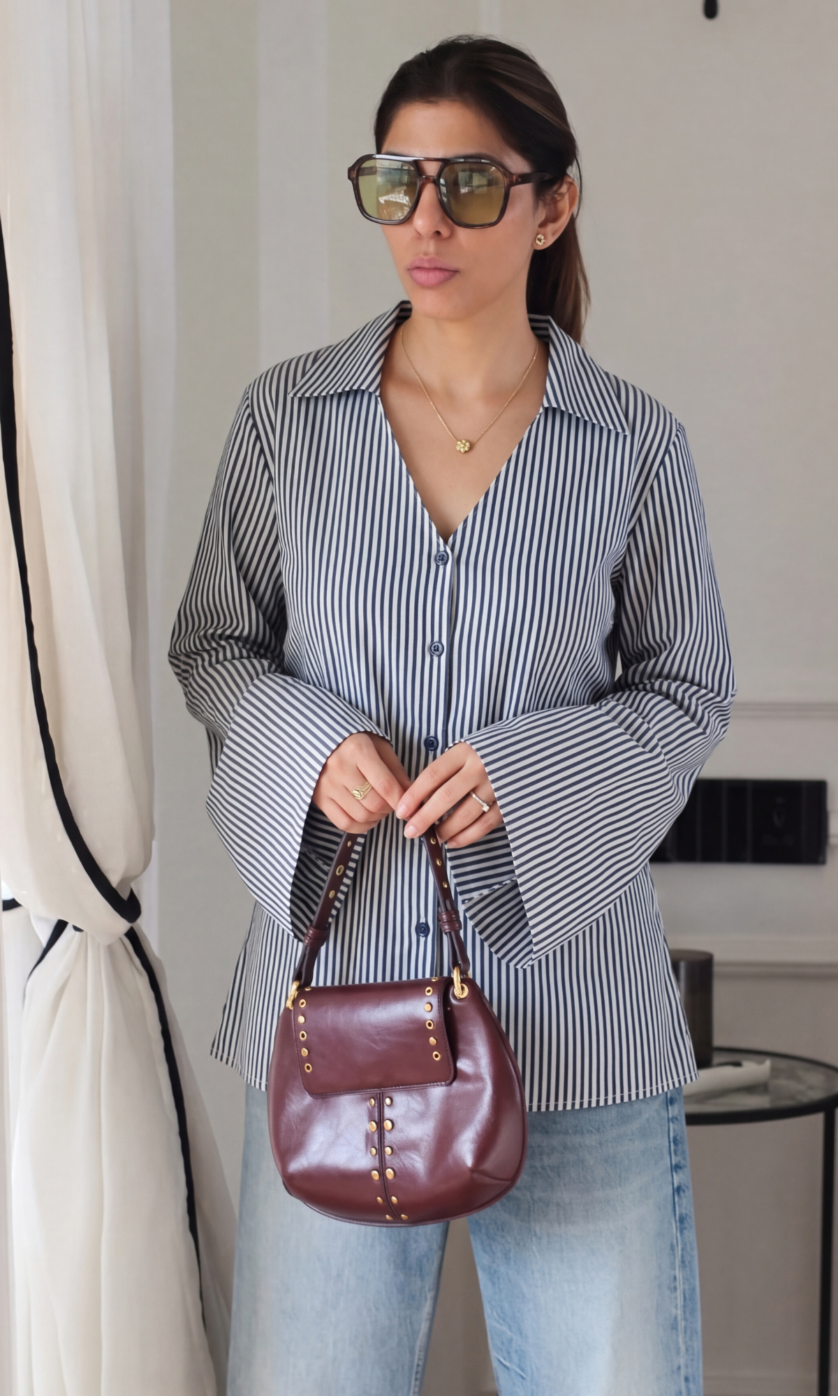 Navy Pinstripe Flared Sleeve Shirt