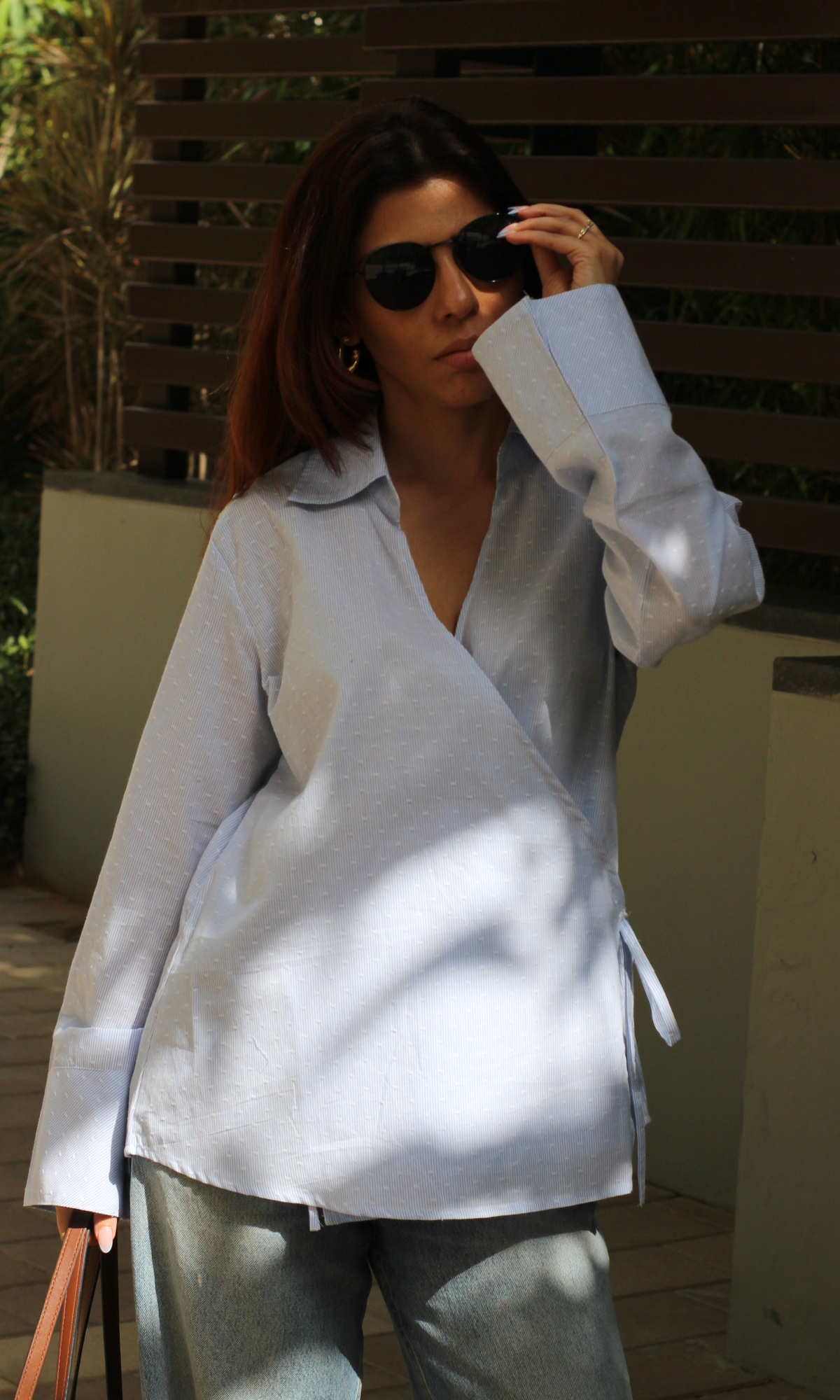 Blue-White Dobby Collared Cotton Kimono Top
