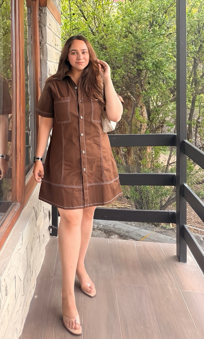 Mocha Sleeved Thread Detail Dress