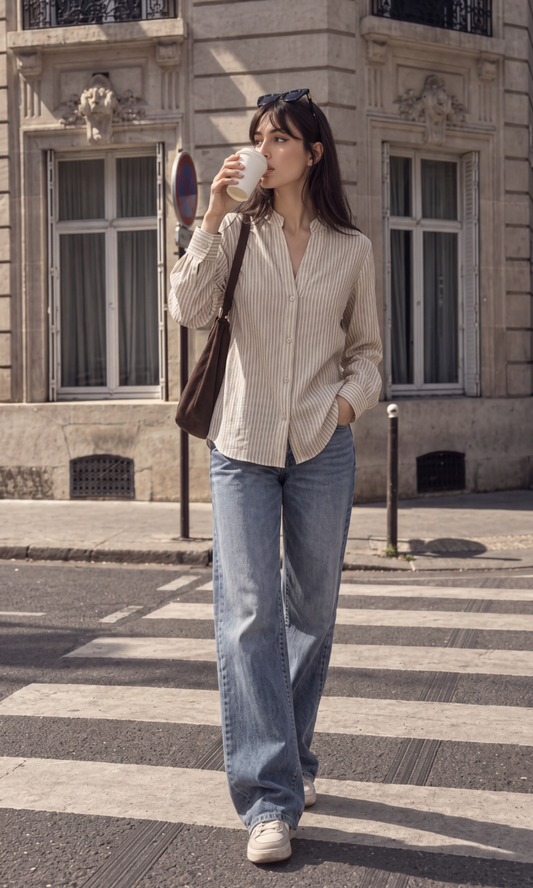 Olive Stripe Mandarin-Collar Shirt