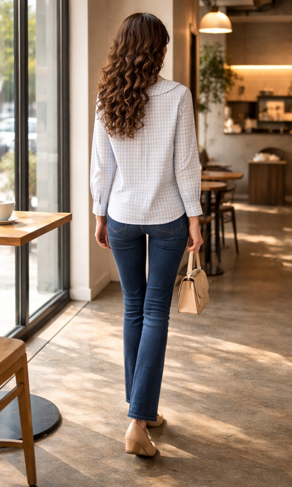 Blue Gingham-Check Peter Pan Collared Shirt