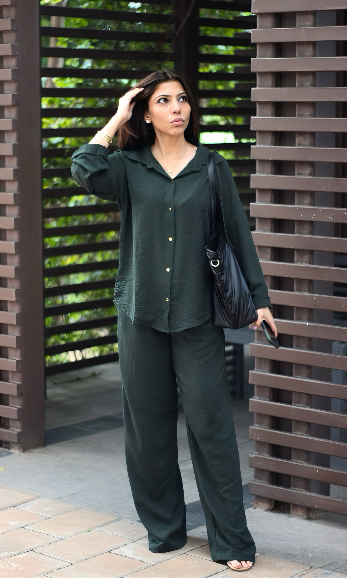 Olive Metallic Buttoned Shirt and Pants Co-ord