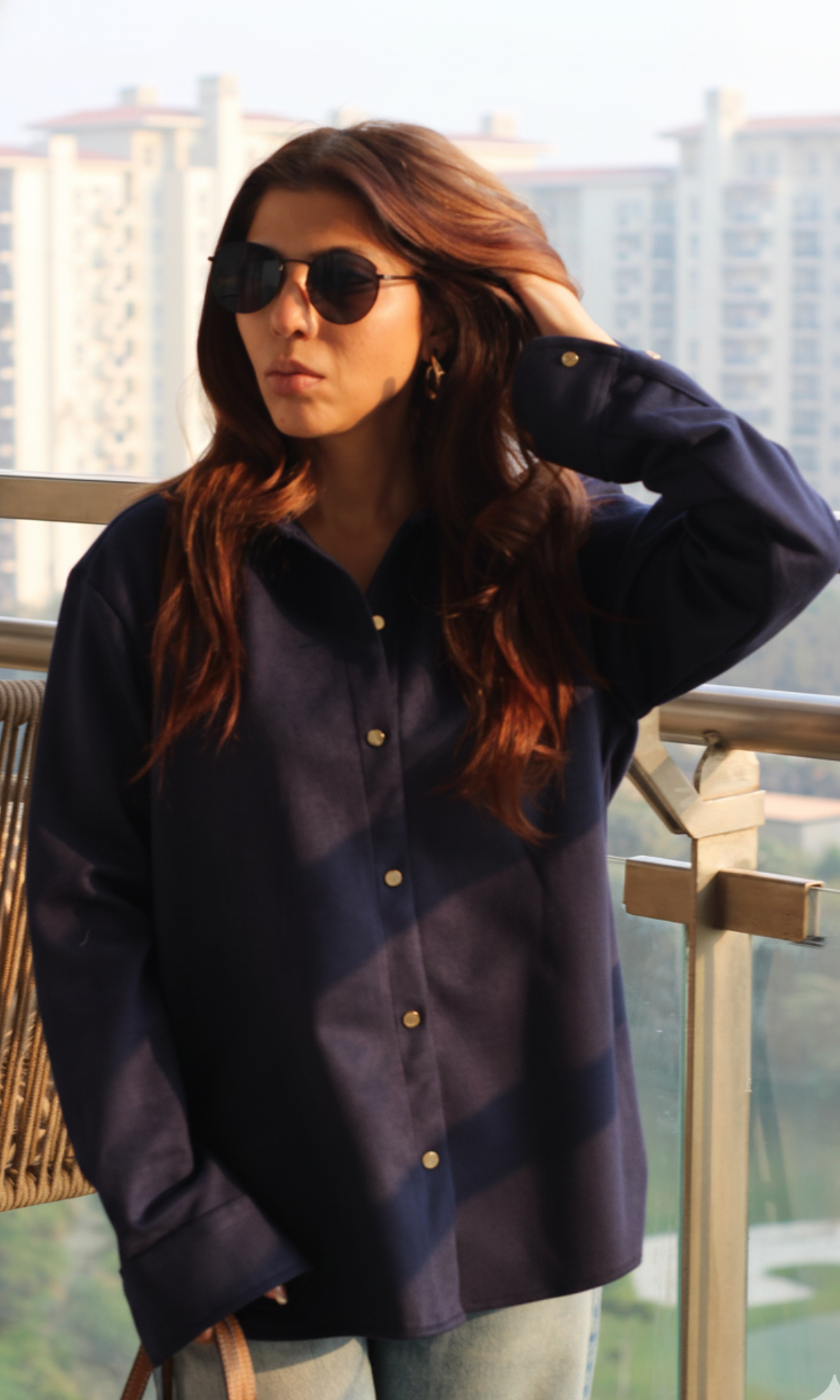 Navy Suede Metallic Buttoned Shirt