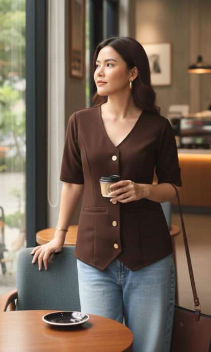 Cocoa Roast Sleeved Metallic Buttoned Waist Coat