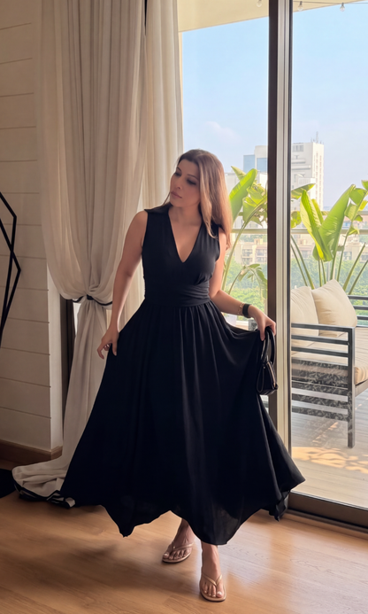 Black Handkerchief Hem Midi Dress