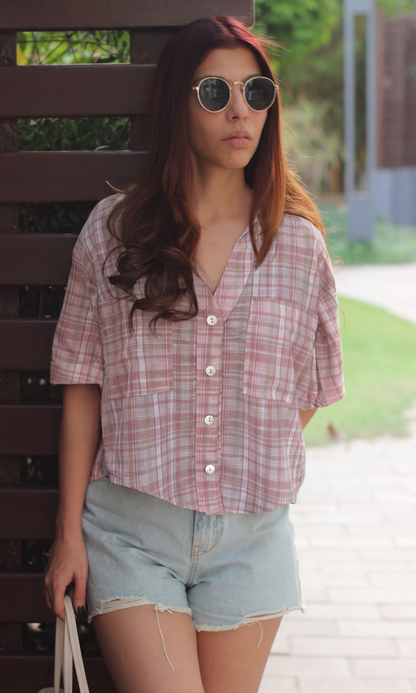 Pink Green Cotton Cropped Shirt