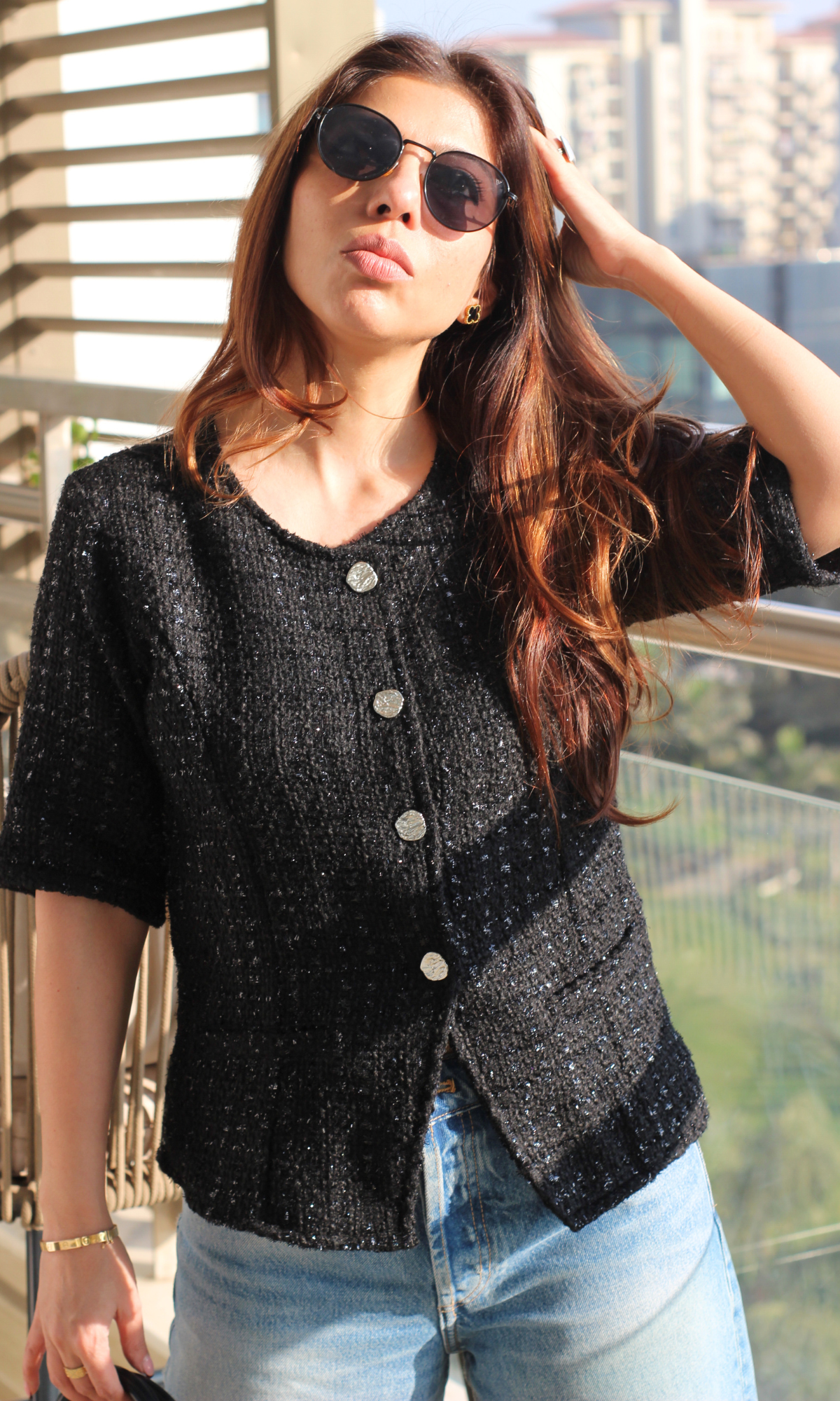 Black-Silver Tweed Round Neck Waist Coat