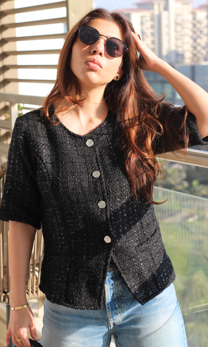 Black-Silver Tweed Round Neck Waist Coat