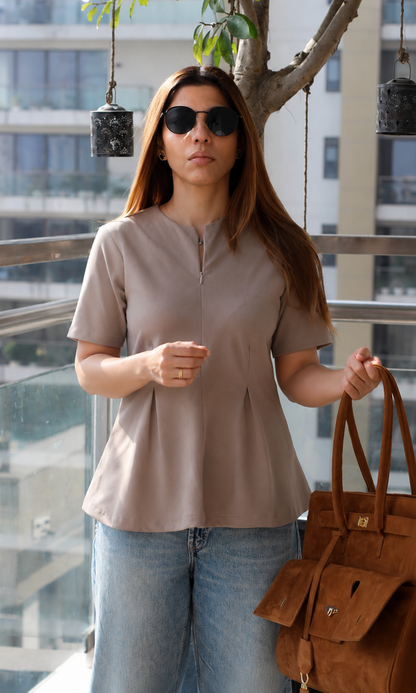 Sand Beige Sleeved Sleek-Pleat Detail Top