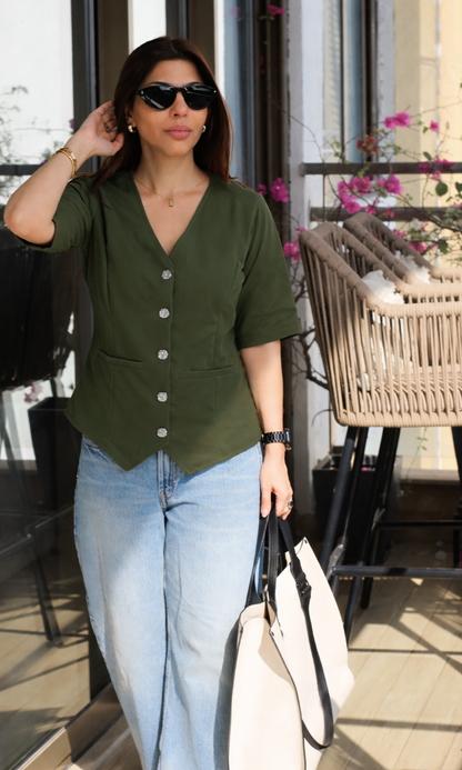 Olive Sleeved Metallic Buttoned Waist Coat