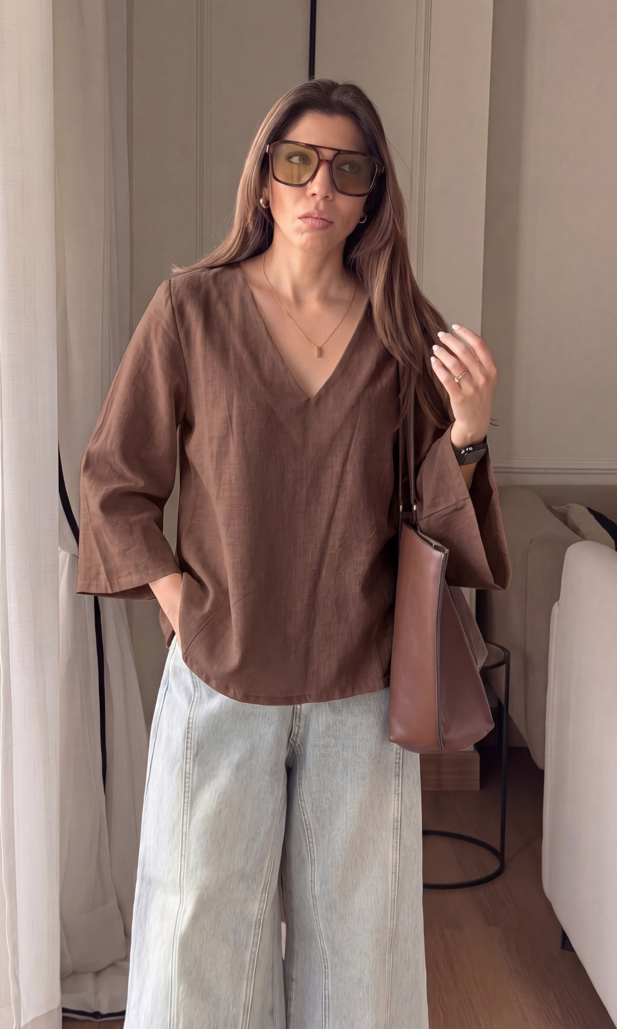 Warm Grey V-Neck Peplum Top
