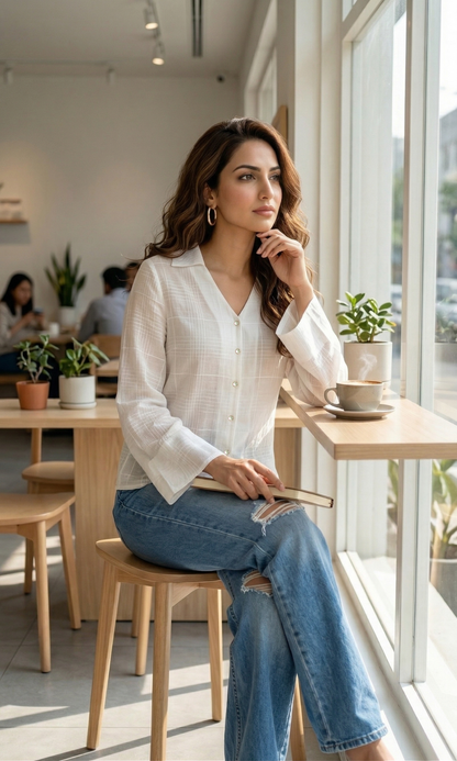 Ivory Textured Flared Sleeve Shirt