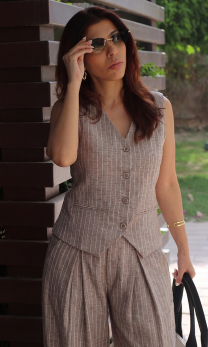 Beige-White Denim Cotton Waistcoat and Pants Co-ord