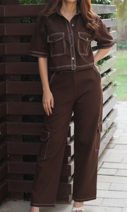 Brown Cropped Shirt with Cargo Pants