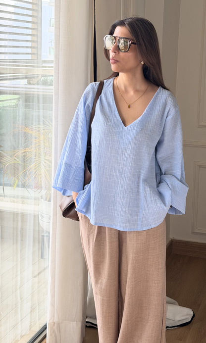 Powder Blue Textured V-Neck Top