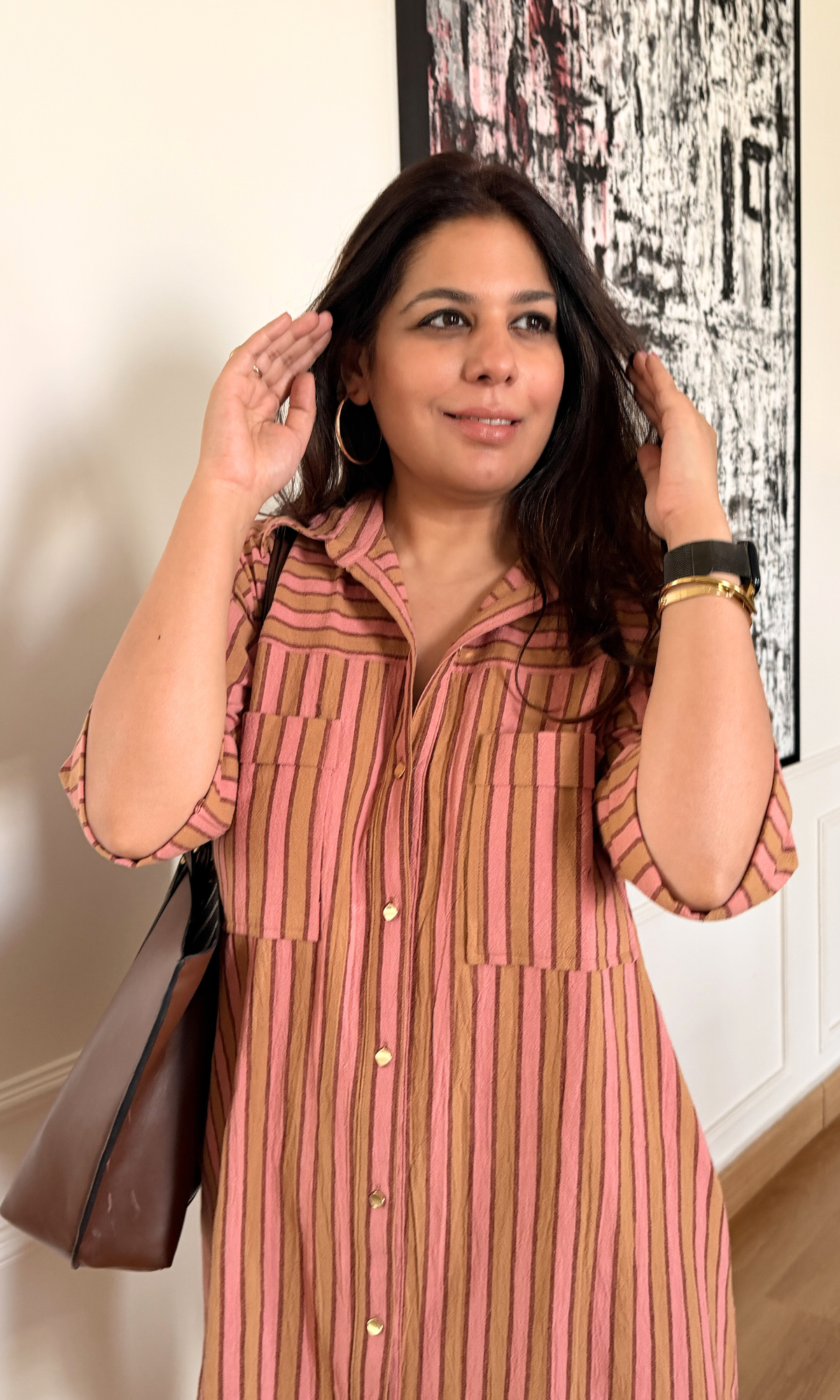 Blush Taupe Striped Shirt Dress