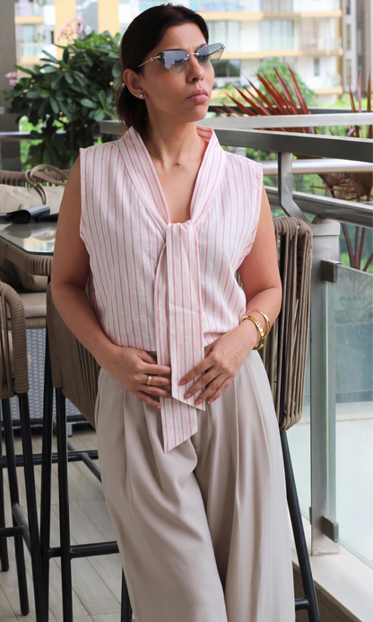 Blush Pink Striped Tie Detail Top